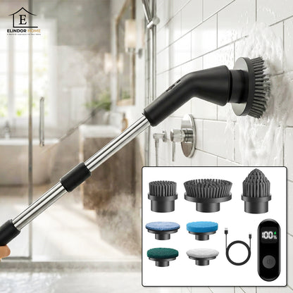 Perie Electrica Rotativa Elindor®, IPX7, 7 Capete Interschimbabile, Maner Telescopic 71.2 cm din Otel Inoxidabil, 2 Trepte de Viteza, 90 Minute Autonomie, pentru Curatare Bucatarie, Baie, Pardoseala, Geamuri, Negru