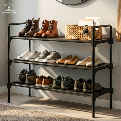 Organizator pentru Pantofi Elindor® Pantofar cu 3 Nivele Mari, Fara Gauri, Suport Metalic pentru Papuci, Dulap Hol, Dormitor, Economisire Spatiu, Depozitare Incaltaminte, 70 × 30 × 57 cm, Negru