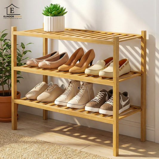 Organizator pentru Pantofi Elindor® Pantofar cu 3 Nivele Mari, Fara Gauri, Suport Bambus pentru Papuci, Dulap Hol, Dormitor, Economisire Spatiu, Depozitare Incaltaminte, 50.8 × 28 × 68.5 cm, Bej