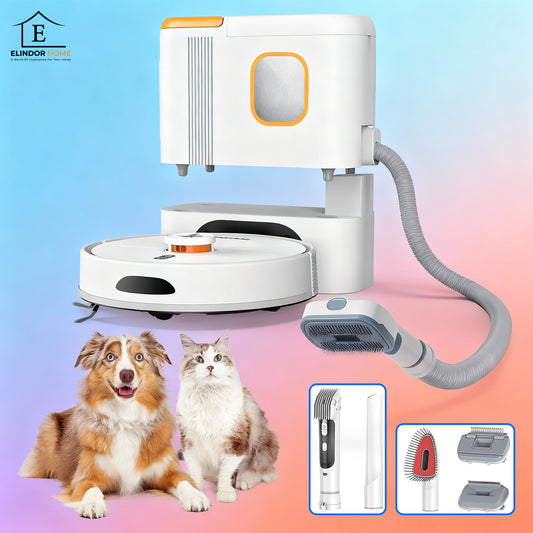 Aspirator 3 in 1 Elindor® pentru Aspirare Covoare, Spalare Podele si Grooming Animale, Robot pentru Reducerea Alergenilor, Control prin Aplicatie, Ideal pentru Casa, Interior, 6000Pa, 5000 mAh, Autogolire. 3L, Alb