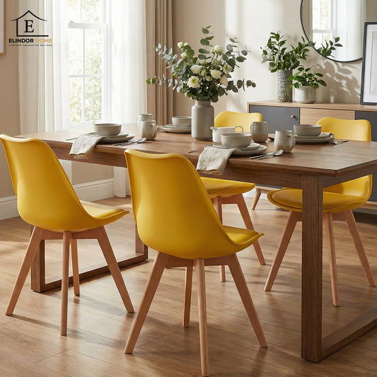 Set 4 Scaune Bucatarie Elindor® din Piele Ecologica, Picioare din Lemn, Scaun Confortabil, Perna Sezut, Elegant, pentru Bucatarie, Dormitor, Living, 50 x 45 x 81 cm, Galben