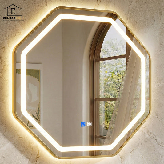 Oglinda Octogonala Aurie Elindor® Decorativa, Eleganta si Moderna, Sticla fara Distorsiuni, Ideala pentru Dormitor, Living, Birou, Dressing, Hol, Rama Metalica, Diametru 80 x 80 cm