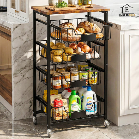 Organizator Bucatarie 5 Nivele Elindor® tip Carucior cu Roti, Multifunctional, Raft Mobil Organizare Baie, Camara, Birou, Bar, Dulap Metalic pentru Depozitare Legume, Fructe, Detergenti, Parfumuri, 4x Cutie Detasabila, 32 × 42 × 89 cm, Negru