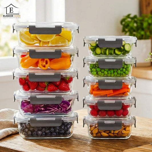 Set de 10 Caserole Elindor® din Sticla, Recipiente Ingrediente pentru Bucatarie, pentru Alimente Uscate, Recipient pentru Depozitare Zahar, Cafea, Paste, Cereale, Capac Etans, Potrivit pentru Congelator Transparent