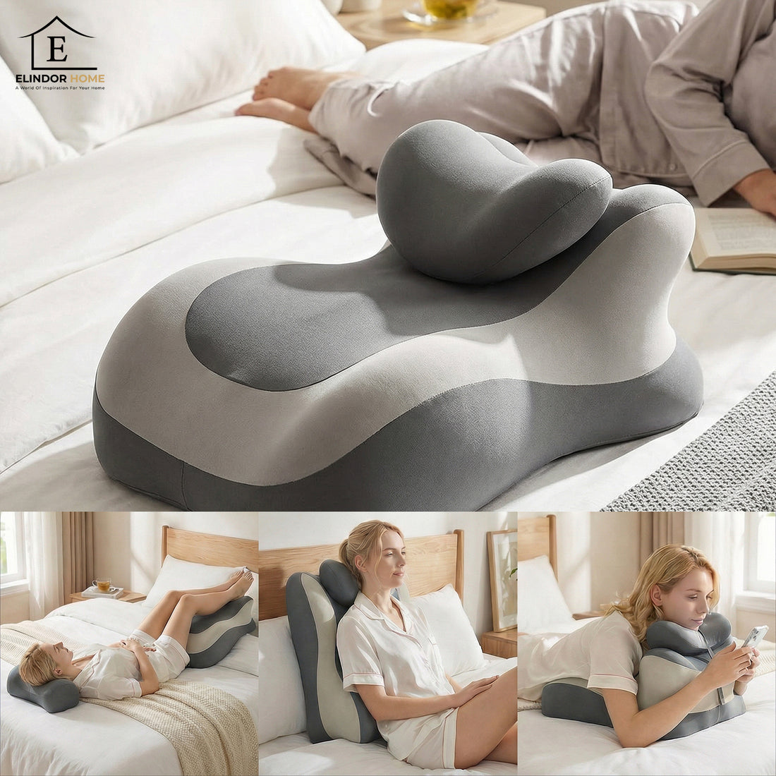 Perna Ergonomica Elindor®, Perna Wedge pentru Circulatie si Recuperare, Suport pentru Genunchi, Picioare si Trunchi, cu Spuma cu Memorie, Husa Textila, 55 × 39 × 30 cm, Gri