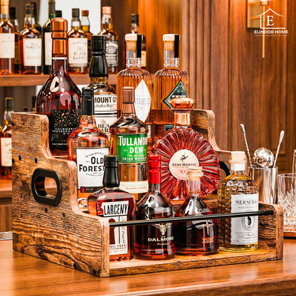 Raft Expunere Sticle Elindor®, Suport Bauturi 3 Niveluri pentru Bar sau Bucatarie, din Lemn, Design Vintage, pentru Vin, Whiskey, Rom, 40 × 30 × 23.8 cm, Maro