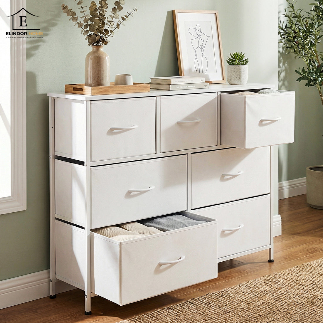 Comoda Elindor® cu 7 Sertare, Cadru Metalic, Blat Lemn, Sertare Textil, pentru Dormitor, Living, Depozitare Haine, Jucarii, Accesorii, 100 × 30 × 77 cm, Alb