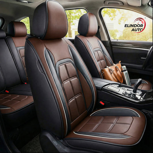 Set 5 Huse Scaune Auto Elindor® Universale, Husa pentru Protectie Sezut si Spatar Scaun Fata si Bancheta Spate, Impermeabila, Piele Ecologica, Accesorii Masina Huse Interior, Maro