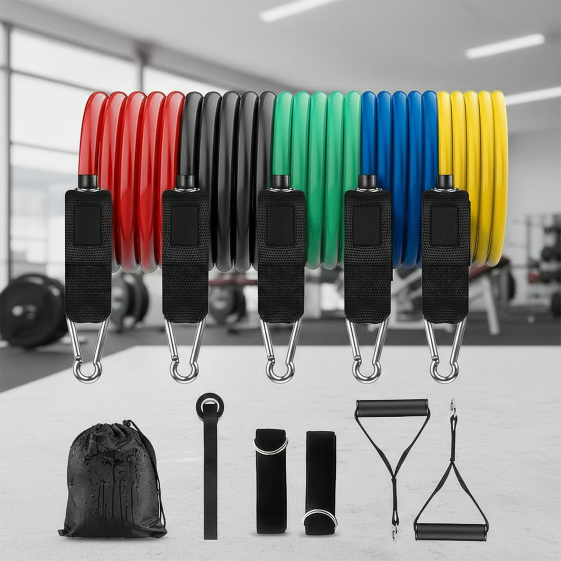 Benzi Elastice pentru Sport Elindor® cu 2 Manere si Ancora pentru Usa, Rezistenta Totala 68 kg, pentru Fitness, Workout, Yoga, Gimnastica de Recuperare, Exercitii Fizice, Aerobic, Pilates, TPE, 222 x 2 cm, Multicolor