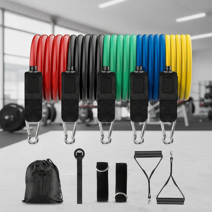 Benzi Elastice pentru Sport Elindor® cu 2 Manere si Ancora pentru Usa, Rezistenta Totala 68 kg, pentru Fitness, Workout, Yoga, Gimnastica de Recuperare, Exercitii Fizice, Aerobic, Pilates, TPE, 222 x 2 cm, Multicolor