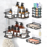 Set 5 Rafturi de Dus Elindor® Polita cu Adeziv, Etajera de Baie pentru Colt, Raft cu Carlige, din Otel Carbon, Suport Prosop si Sapun, Organizator Baie sau Etajere Depozitare in Bucatarie, Accesorii Sanitare, Negru