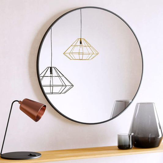 Oglinda Rotunda Elindor®, Diametru 60 cm, Rama din Aluminiu, Stil Modern, Baie, Hol, Negru