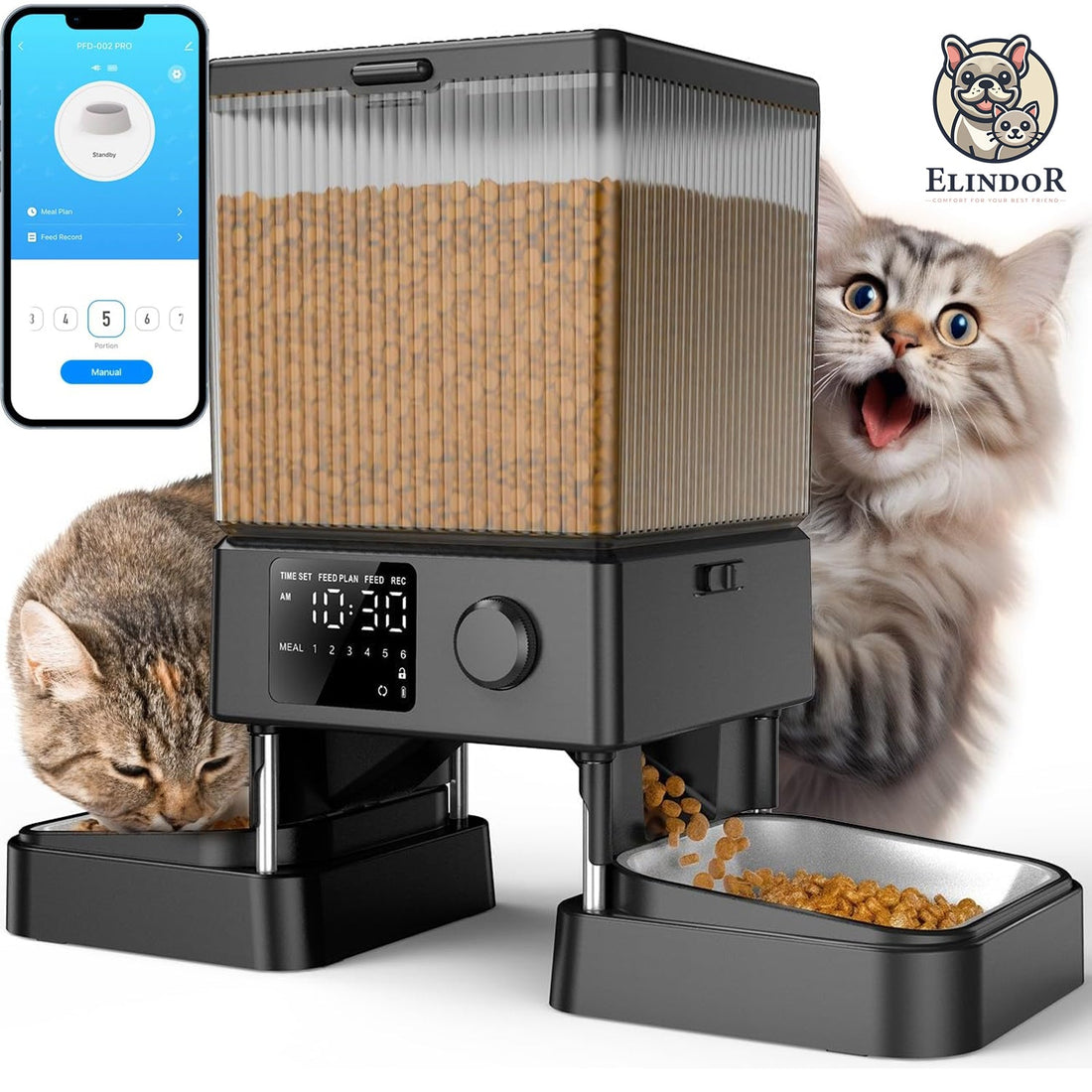 Hranitor Automat Elindor® 5L pentru Pisici si Caini, cu 2 Castroane din Inox, Control prin Aplicatie, WiFi 2.4G/5G, Functie Inregistrare Vocala, Usor de Utilizat, Negru