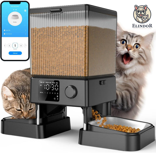 Hranitor Automat Elindor® 5L pentru Pisici si Caini, cu 2 Castroane din Inox, Control prin Aplicatie, WiFi 2.4G/5G, Functie Inregistrare Vocala, Usor de Utilizat, Negru