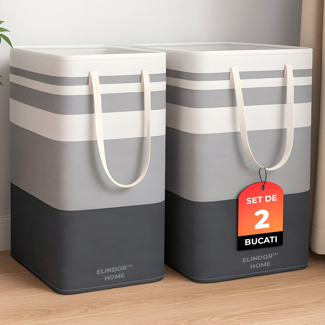 Set 2 Cosuri de Rufe Elindor® Ideal pentru Haine Murdare, Jucarii, Diverse Obiecte, Recipient Sortare Rotund de 75 L, pentru Casa, Baie, Living, Hol, Camera Copiilor sau Hotel, 40 x 30 x 62 cm, Impletit din Franghie din PEVA, Gri