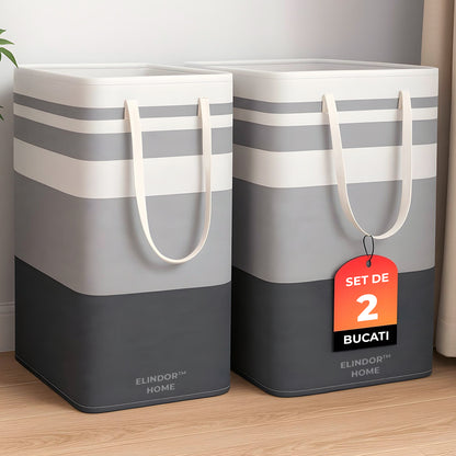 Set 2 Cosuri de Rufe Elindor® Ideal pentru Haine Murdare, Jucarii, Diverse Obiecte, Recipient Sortare Rotund de 75 L, pentru Casa, Baie, Living, Hol, Camera Copiilor sau Hotel, 40 x 30 x 62 cm, Impletit din Franghie din PEVA, Gri