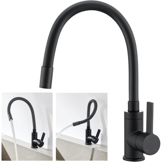 Baterie Neagra Chiuveta Bucatarie Elindor®, Robinet de Apa cu Jet Reglabil, Modern, cu Pipa Flexibila, Monocomanda, Rotativ 360°, pentru Bucatarie, Otel Inoxidabil, Finisaj Cromat