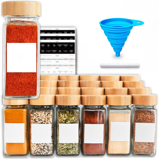 Set 24 Borcane Condimente din Sticla Elindor®, 120 ml, Patrate, Capace Bambus si Site Dozatoare, Etichete si Palnie Silicon Pliabila, pentru Organizarea Condimentelor si Ierburilor Uscate in Bucatarie, Transparent