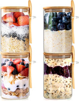 Set 4 Borcane din Sticlă Elindor® pentru Depozitare Alimente, Capace Bambus - 550ml