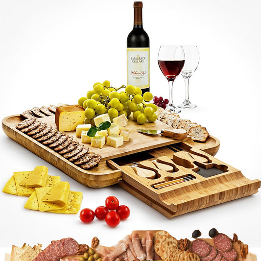 Set Platou Servire Elindor® din Bambus Natural, Cutite Branzeturi, Furculita, Etichete – Ideal pentru Aperitive, Fructe, Cadouri Casa Noua, Nunta sau Petreceri, Ziua Indragostitilor, Craciun