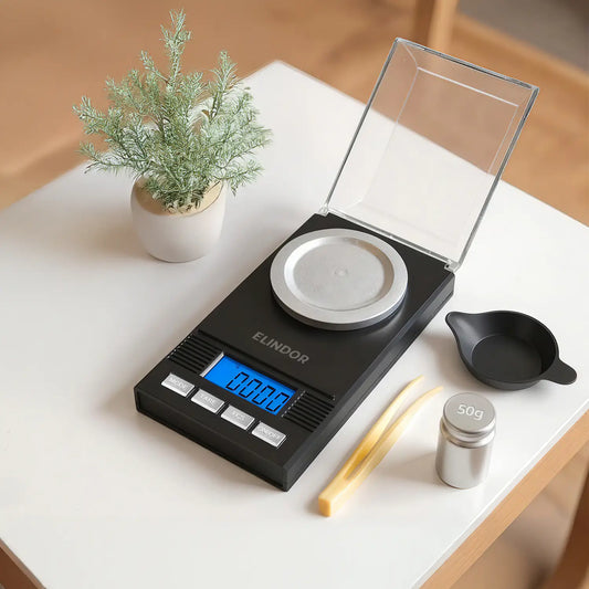 Cantar Digital de Bijuterii Elindor® Portabil, Precizie 0.001 g, Capacitate 50 g, 2 Baterii AAA, Afisaj LCD Iluminat, Functie Tara, Compact si Usor de Folosit, Potrivit si pentru Condimente, Medicamente si Orice Necesita Precizie, Negru