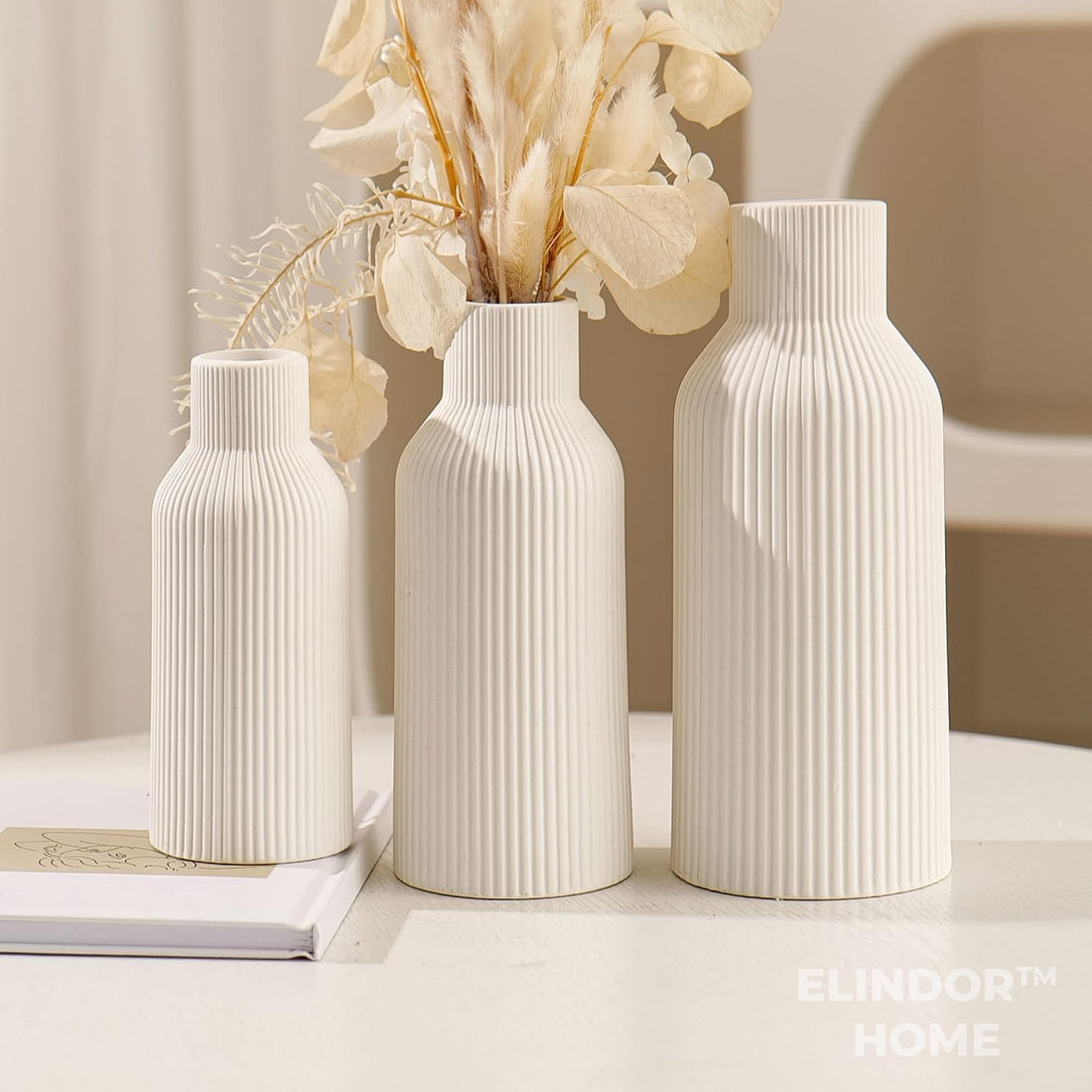 Set 3 Vaze Ceramica Elindor® Decor Minimalist Modern pentru Masa, Biblioteca, Birou sau Comoda, Design Elegant pentru Flori, Alb