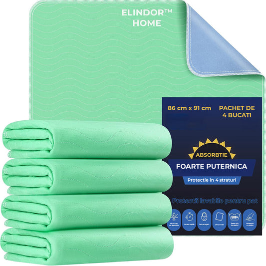 Set 4 Covorase Absorbante Elindor® Igienice, Asternut pentru Animale, Caini, Pisici, Copii, Varstnici, Ultra-Absorbant, pentru Talie Medie si Mare, Prevenirea Scurgerilor De Lichid, 4 Substraturi, Marimea XL, 86 x 91 cm, Verde