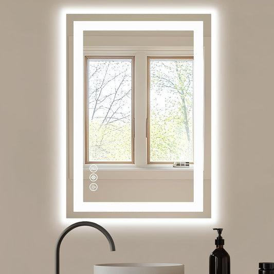 Oglinda de Perete Elindor® Dreptunghiulara, Antiaburire, Montare pe Orizontala/Verticala, fara Rama, Ideala pentru Baie, Iluminare Led, Buton ON/OFF Luminat si Noaptea, Rezistenta la Umiditate IP55, 60 x 100 cm