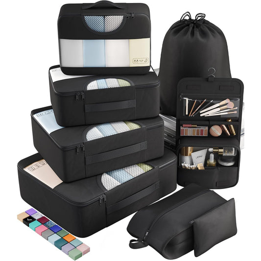 Set Organizatoare Calatorie Elindor® pentru Bagaj cu 8 Genti de Depozitare Haine, Accesorii, Cosmetice, Negru