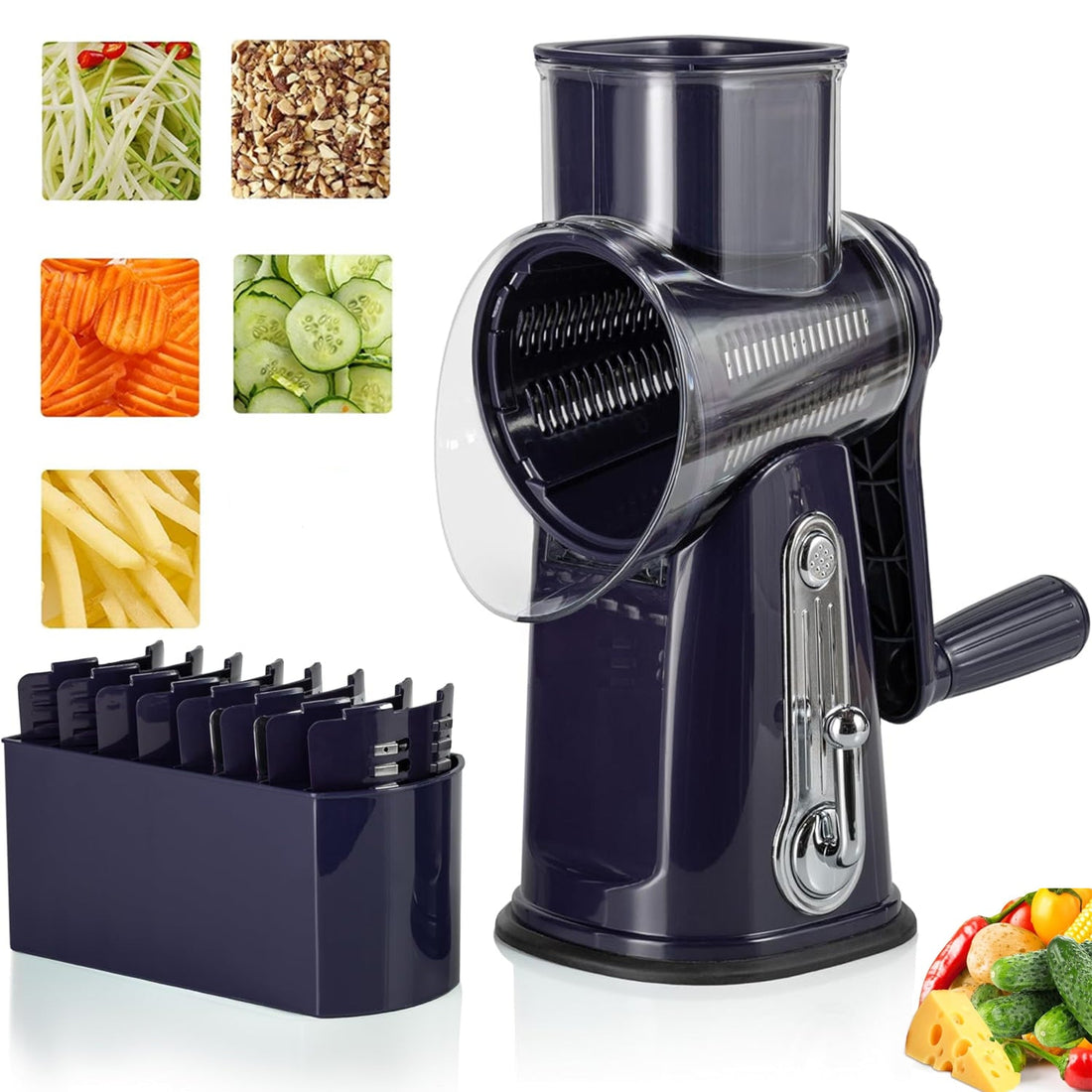 Razatoare Rotativa 5 in 1 Elindor® cu Maner, Lame din Otel Inoxidabil, Tocator Legume, Razatoare Branza, Nuci, Morcovi, Varza, Ustensila de Bucatarie, Design Compact, Multifunctional, Mov