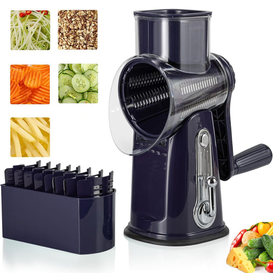 Razatoare Rotativa 5 in 1 Elindor® cu Maner, Lame din Otel Inoxidabil, Tocator Legume, Razatoare Branza, Nuci, Morcovi, Varza, Ustensila de Bucatarie, Design Compact, Multifunctional, Mov