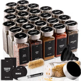 Set 24 Recipiente Condimente Elindor® din Sticla cu Capac Inox, cu Sita, Organizator Bucatarie, Organizatoare Sertar, Borcane 120 ml, 2 Tipuri de Etichete, Palnie din Silicon, Pix Alb Inclus, Perie de Curatare, Accesorii Depozitare