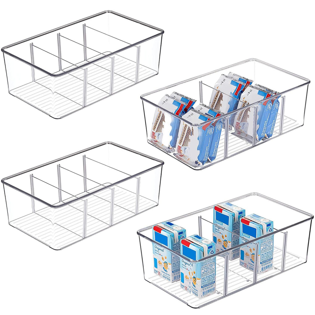 Set de 4 Containere Elindor® pentru Camara si Frigider, cu Compartimente Reglabile si Design Stivuibil, din ABS, Condimente, Sosuri sau Alimente Mici, cu Format Compact si Corp Transparent, Organizator Bucatarie, Cutie, Separatoare, Plastic