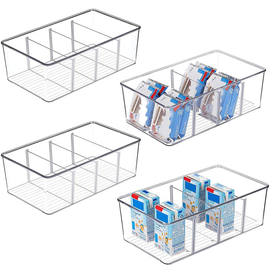 Set de 4 Containere Elindor® pentru Camara si Frigider, cu Compartimente Reglabile si Design Stivuibil, din ABS, Condimente, Sosuri sau Alimente Mici, cu Format Compact si Corp Transparent, Organizator Bucatarie, Cutie, Separatoare, Plastic