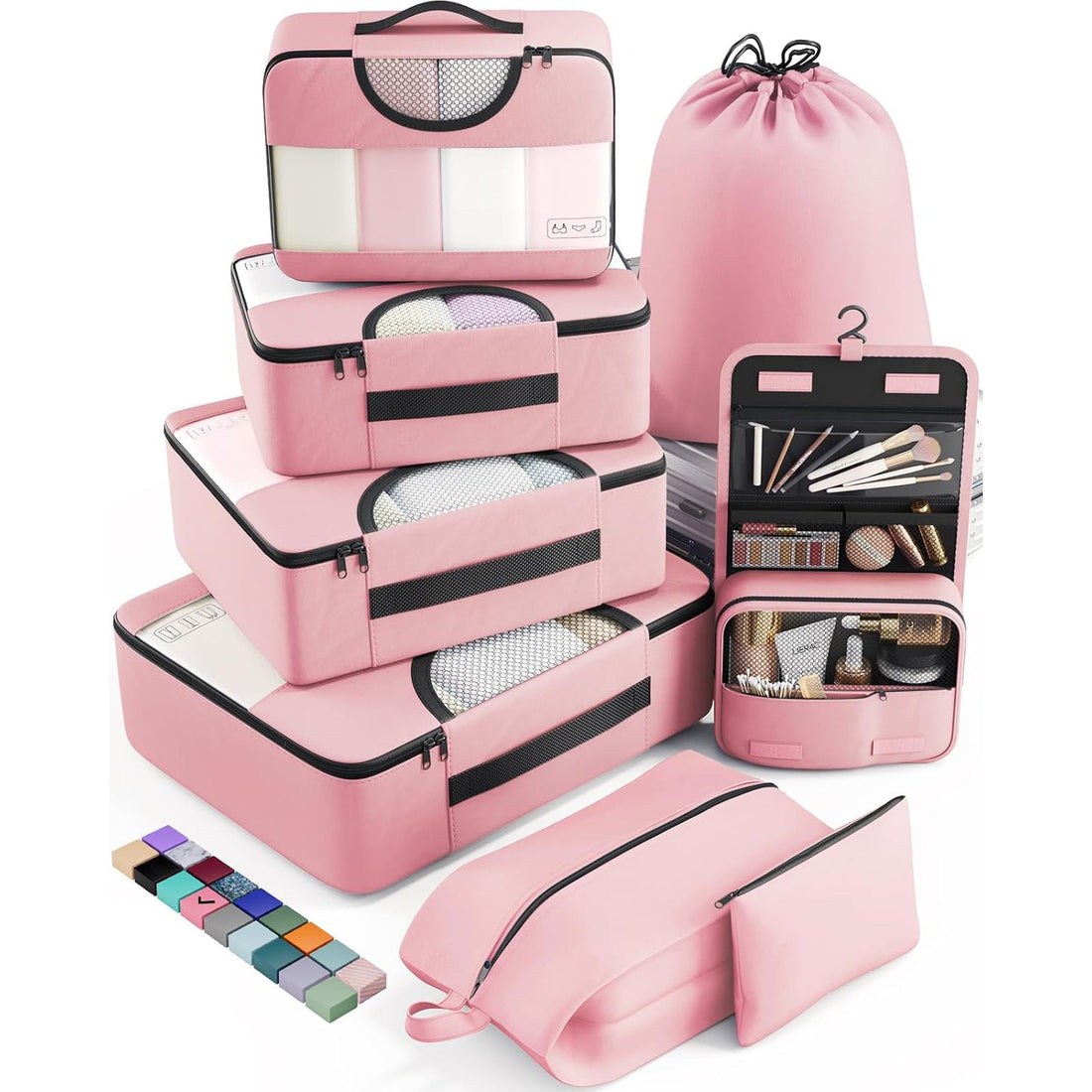 Set Organizatoare Calatorie Elindor® pentru Bagaj cu 8 Genti de Depozitare Haine, Accesorii, Cosmetice, Roz