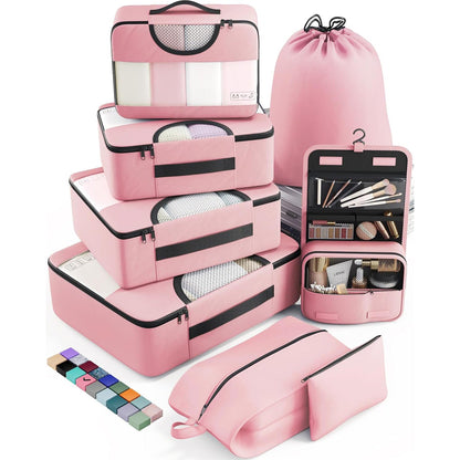 Set Organizatoare Calatorie Elindor® pentru Bagaj cu 8 Genti de Depozitare Haine, Accesorii, Cosmetice, Roz