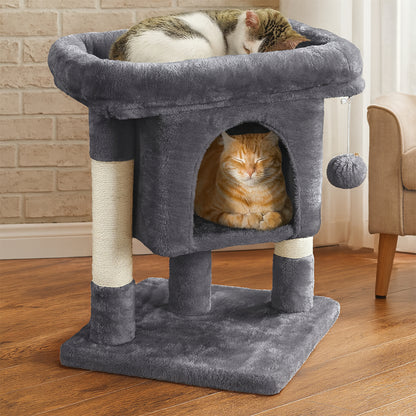 Ansamblu de Joaca Elindor® pentru Pisici, Post pentru Zgariat din Sisal, Stalp pentru Ascutit Gheare, Baza Solida, 2x Pat Moale pentru Dormit, Accesorii Animale de Companie, Montare Usoare, Gri