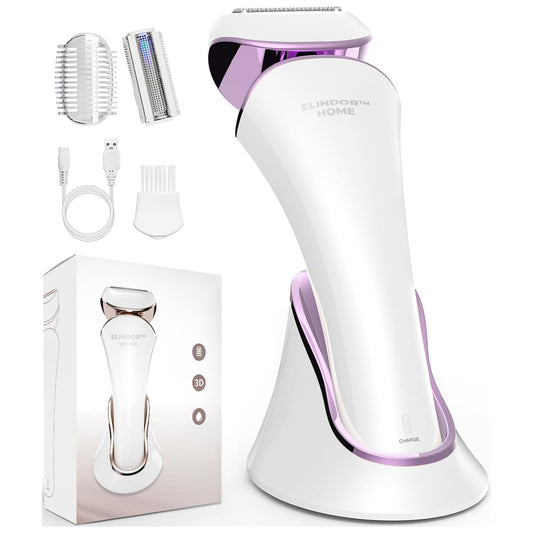 Epilator Umed și Uscat, 3 Tipuri de Lame Detașabile, IPX 6, Reîncărcabil USB, Stație de Încărcare, 900mAh, Mov