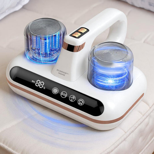 Aspirator UV‑C Antiacarieni pentru Saltea si Tapiterie Elindor®, 16 KPa, 200W, Filtrare HEPA 99,97%, Monitor Umiditate, Ultrasunete, Zgomot Redus 65 dB, 210 ml, Modul 5‑in‑1, Ideal Pentru Alergii, Animale si Bebelusi, Alb