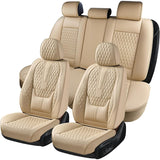 Set 5 Huse Auto Elindor® pentru Scaune, Piele Ecologica Impermeabila, Rezistente la Zgarieturi, Cu Suport Lombar, Instalare Usoara, Protectie Interior, Compatibile cu Civic, Duster, Golf, Passat, Qashqai, X5, Bej
