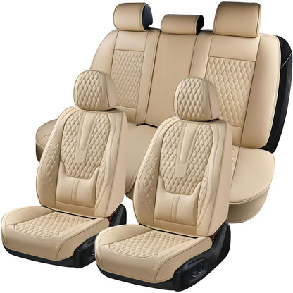 Set 5 Huse Auto Elindor® pentru Scaune, Piele Ecologica Impermeabila, Rezistente la Zgarieturi, Cu Suport Lombar, Instalare Usoara, Protectie Interior, Compatibile cu Civic, Duster, Golf, Passat, Qashqai, X5, Bej