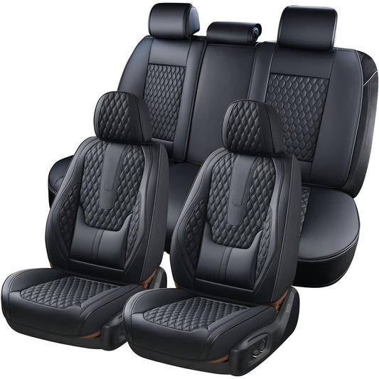 Set 5 Huse Scaune Auto Universale Elindor®, Piele Ecologica Impermeabila, Cu Suport Lombar, Rezistente la Zgarieturi, Compatibile cu Civic, Duster, Golf, Passat, Qashqai, X5, Instalare Usoara, Protectie Interior, Negru