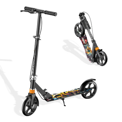 Trotineta pentru Copii si Adulti Elindor® cu Amortizor, Pliabila, pentru Freestyle, Fete si Baieti, Ghidon Ajustabil 78 - 105 cm, Frana din Miscare, Greutate Maxima Suportata 200 kg, Suprafata Antiderapanta, Negru