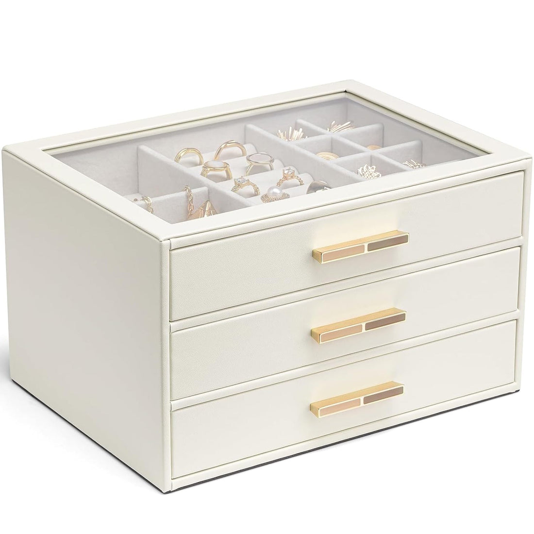 Cutie de Bijuterii Elindor® 3 Sertare si Geam Transparent, Organizator Elegant Pentru Inele, Cercei, Bratari Si Coliere, Design Modern, Alb