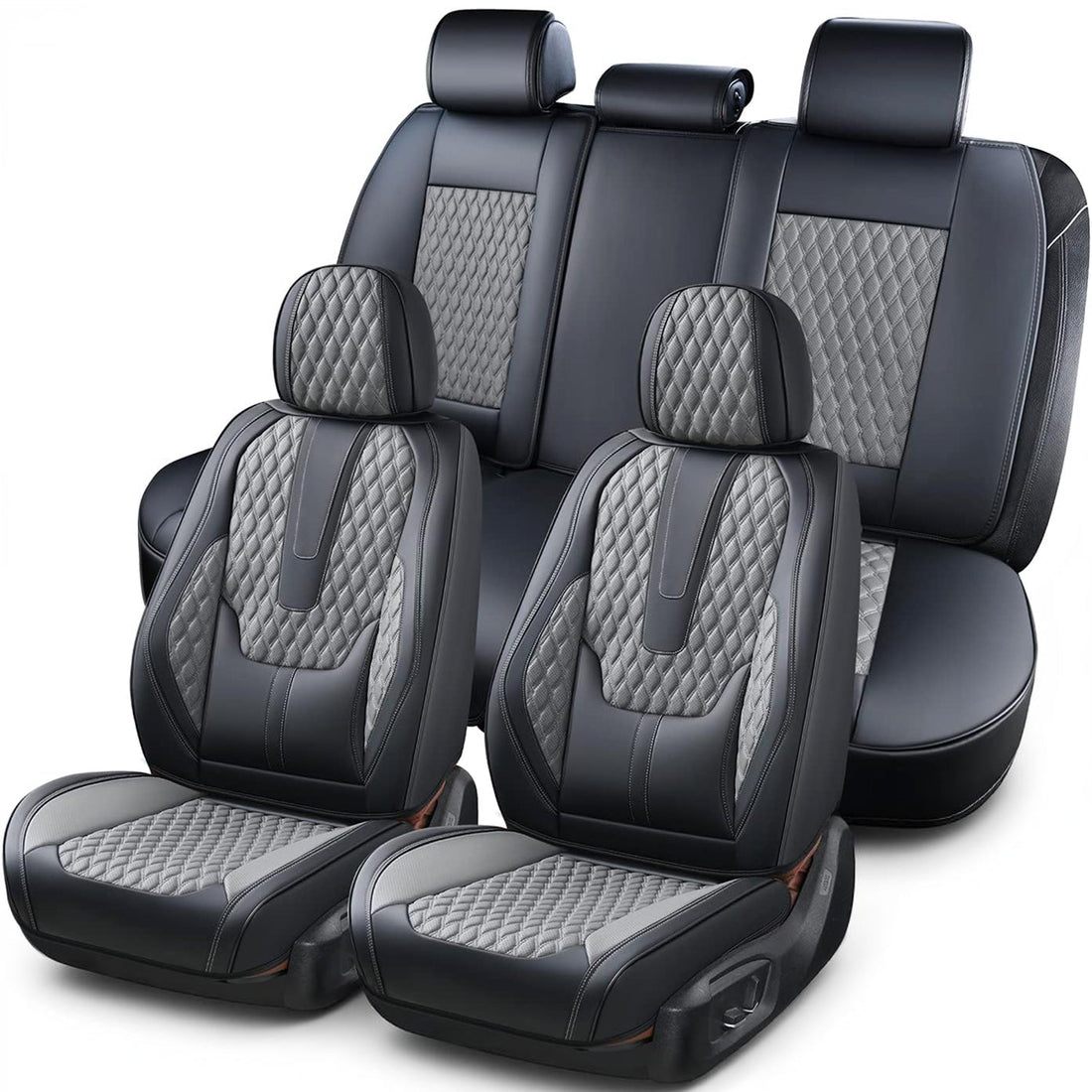 Set Complet de 3  Huse Scaune Auto Elindor®, Piele Nappa, Protectie Bancheta si Scaun, Montaj Rapid, Husa Impermeabila, Acoperire Spatar si Sezut, Acceosirii Masina Interior, Universale Compatibile cu VW, Dacia, Renault, BMW, Ford, Skoda, Hyundai, Gri