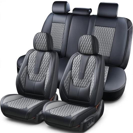 Set Complet de 3  Huse Scaune Auto Elindor®, Piele Nappa, Protectie Bancheta si Scaun, Montaj Rapid, Husa Impermeabila, Acoperire Spatar si Sezut, Acceosirii Masina Interior, Universale Compatibile cu VW, Dacia, Renault, BMW, Ford, Skoda, Hyundai, Gri