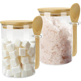 Set 2 Recipiente din Sticla Elindor®, Borcane cu Capac din Bambus pentru Zahar, Cafea, Condimente, Faina, Nuci, Sare, Dulciuri, 450 ml, Dimensiuni  12.5x8.5cm, Transparent