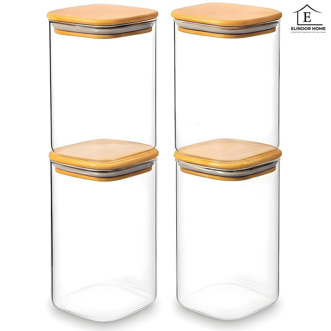 Set 4 Borcane din Sticla Elindor® cu Capac Ermetic din Bambus, Borcan 1100 ml Ideal pentru Miere, Dulceata, Condimente, Cafea, Zahari, Recipient Depozitare in Bucatarie, Transparent