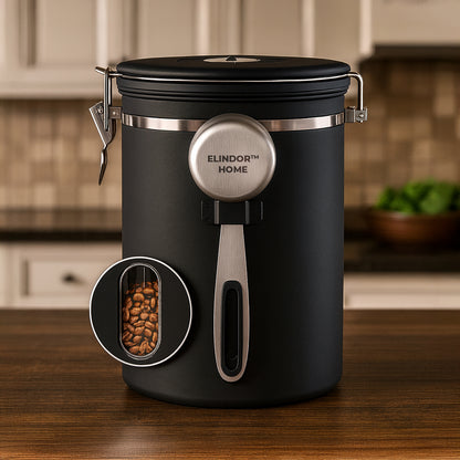 Recipient Inox pentru Cafea Elindor® Borcan Etans cu Capac si Lingurita, Cutie Depozitare Zahar, Ceai, Paste, Orez, Cereale, Faina, Prajituri, Supe, Alimente, Caserola Bucatarie, pentru Frigider si Congelator, 650 ml, Geam Transparent, Negru