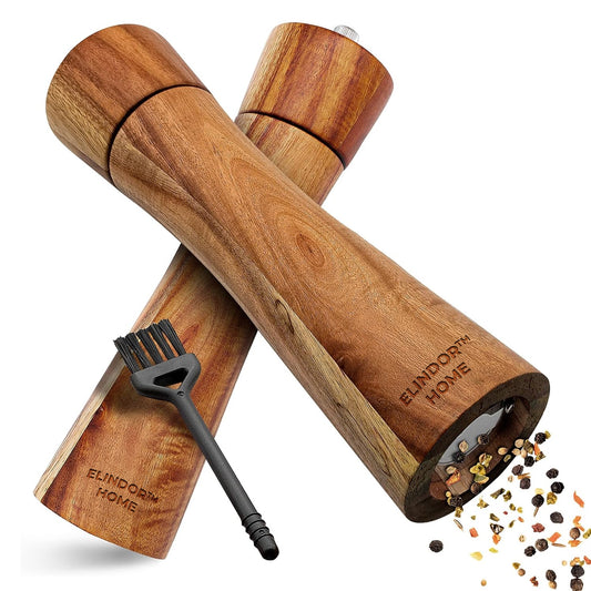 Set 2 Rasnite Manuale Elindor®, Recipiente Condimente, Sare si Piper, Solnita din Lemn de Salcam pentru Bucatarie, Macinare Ceramica Durabila, Perie Curatare Inclusa, Design Natural si Elegant, Ideal  pentru Cadou, 21 cm